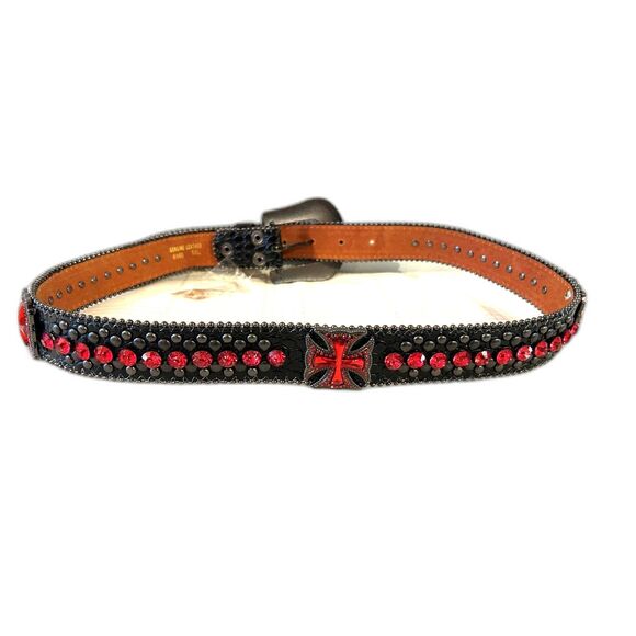 Black and Red Leather Crystal Cross Western Belt - Size M/L - New - Picture 3 of 7